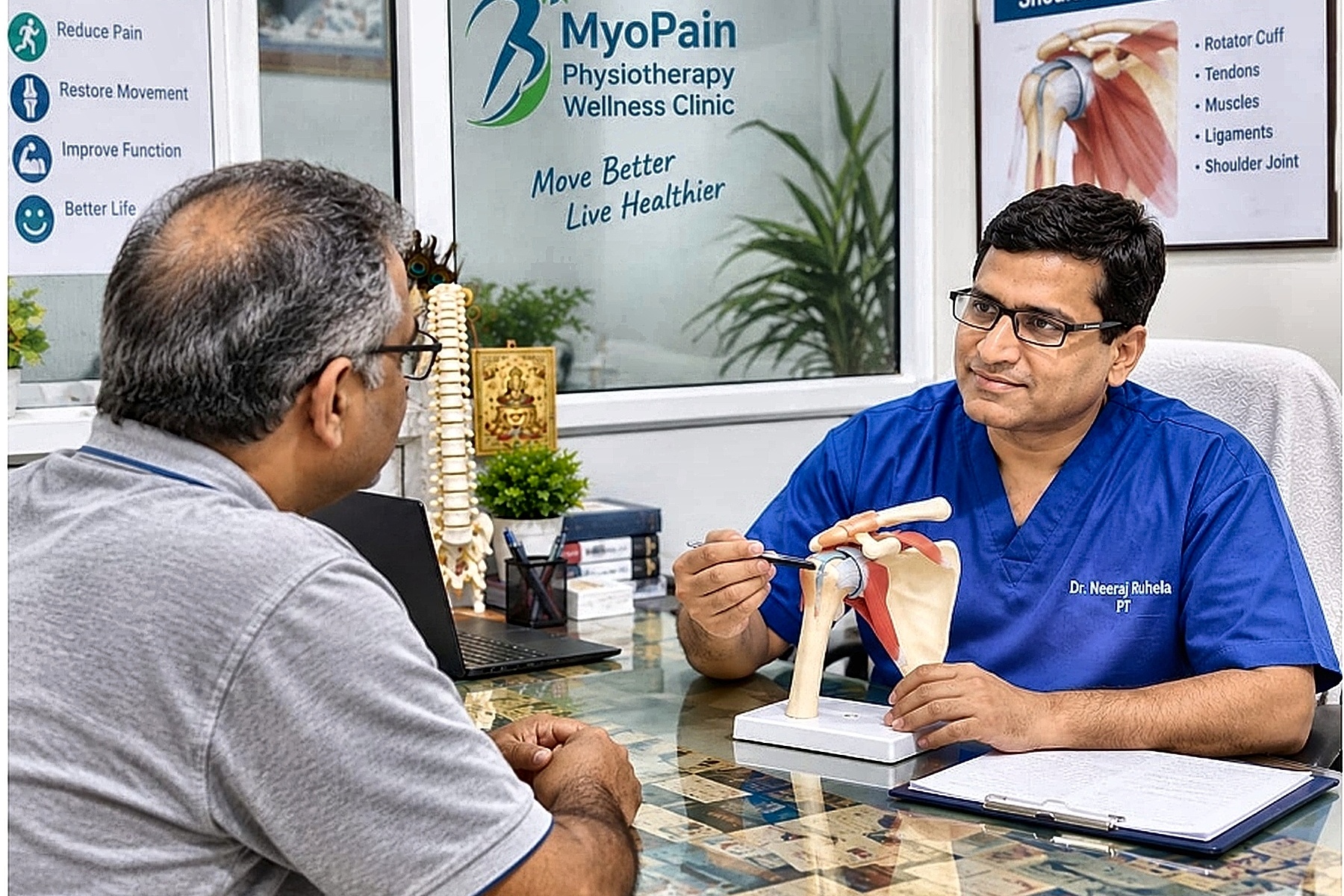 Therapist providing gentle myofascial release and trigger point pain management in serene clinic