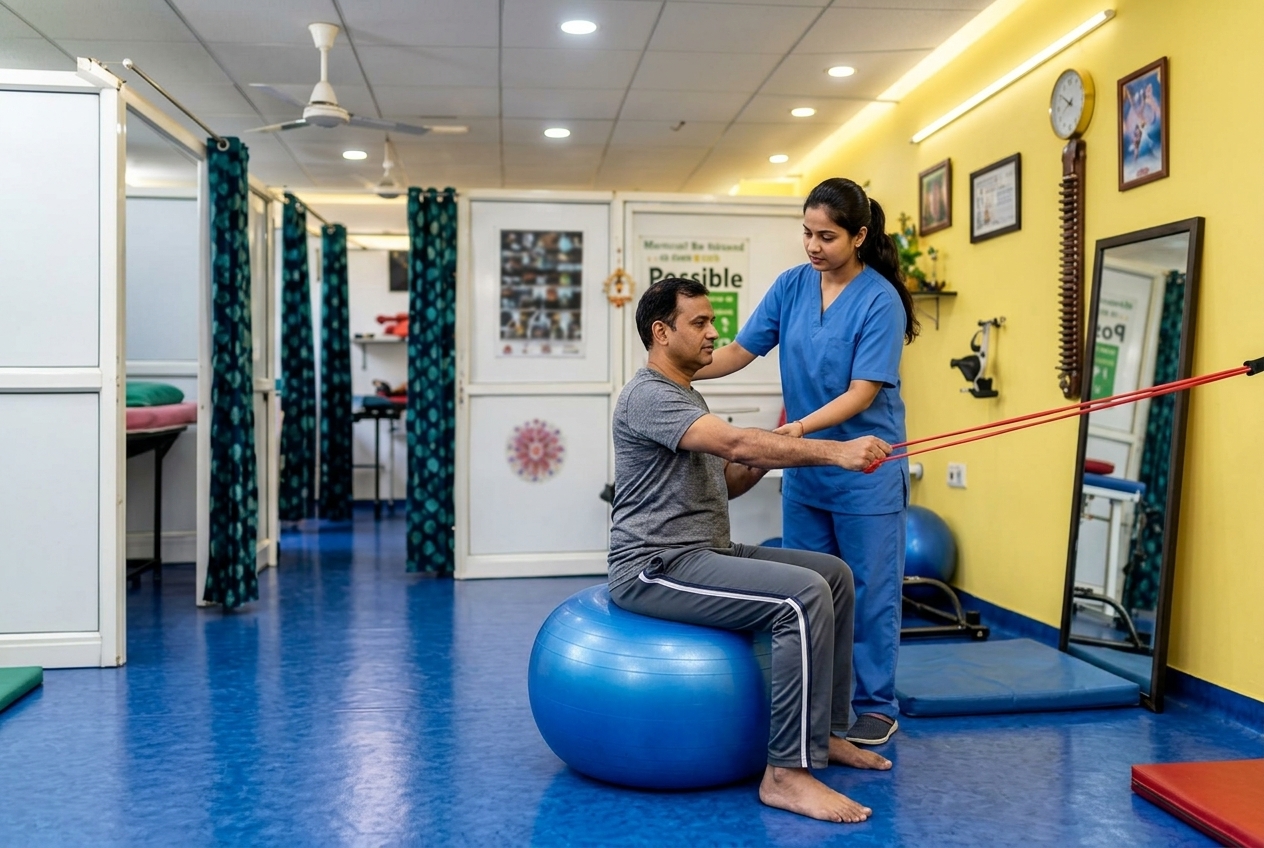 Therapist coaching patient doing stability ball and arm strength exercises in clinic gym