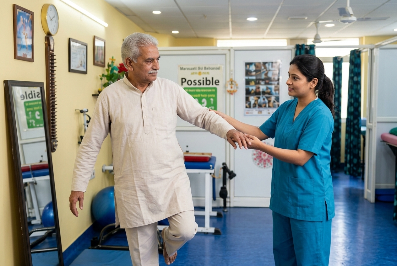 Kind physiotherapist guiding older woman through gentle balance and fall prevention exercise