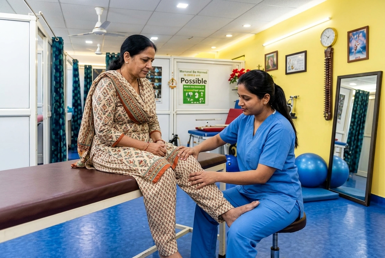 Physiotherapist applying gentle joint mobilization to relieve osteoarthritis stiffness