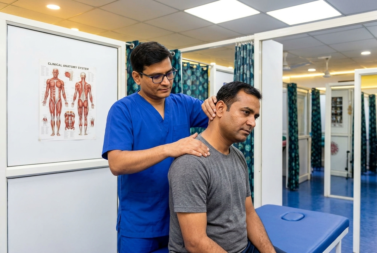 Physiotherapist gently assessing patient's spine and lower back mobility