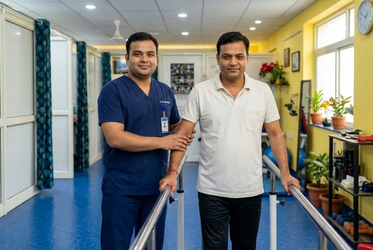 Physiotherapist supporting patient along parallel bars during neurological gait retraining