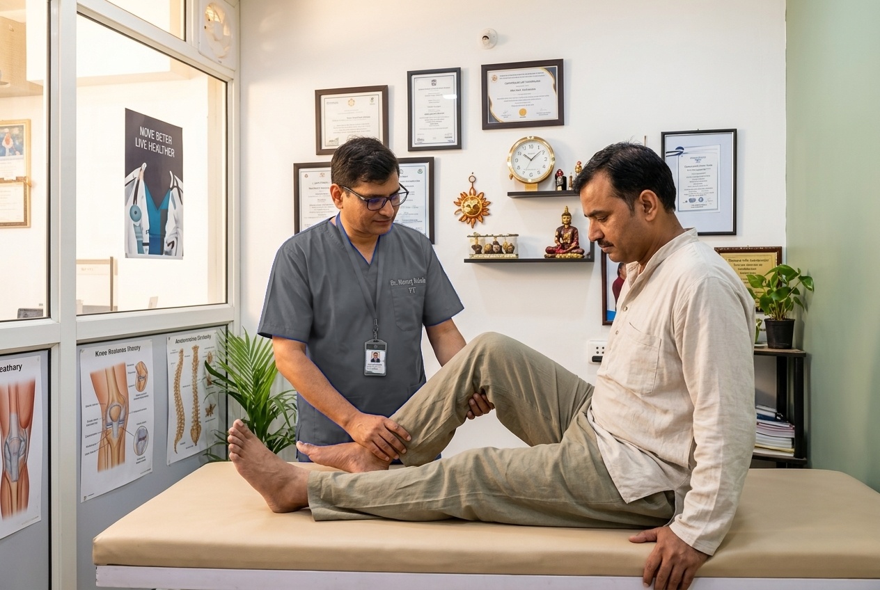 Physical therapist gently measuring and rehabilitating patient knee joint after surgery