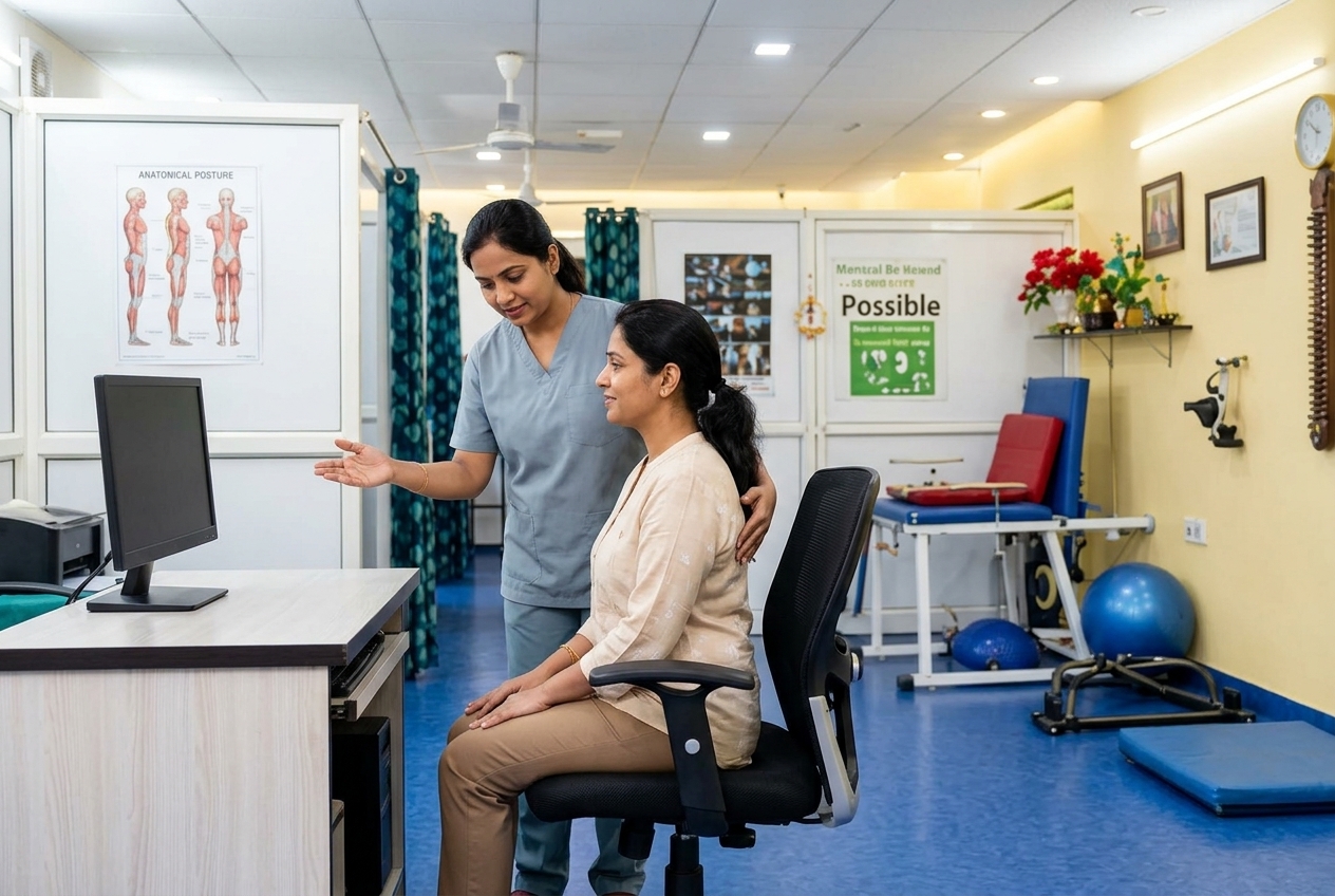 Physiotherapist demonstrating healthy mobility and stretching habits to an adult
