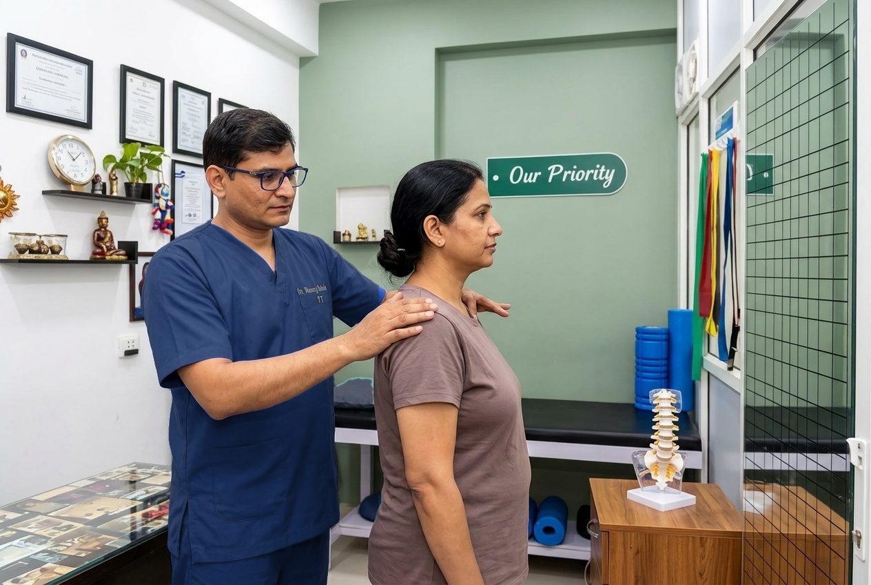 Physical therapist guiding patient cervical spine mobility and neck alignment