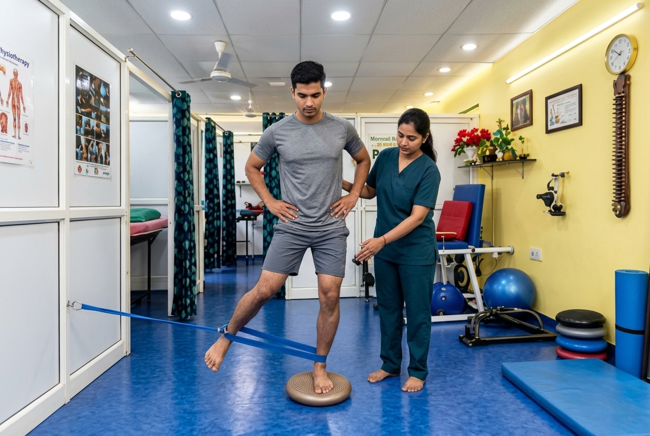Physical therapist guiding athlete through resistance band shoulder rehabilitation