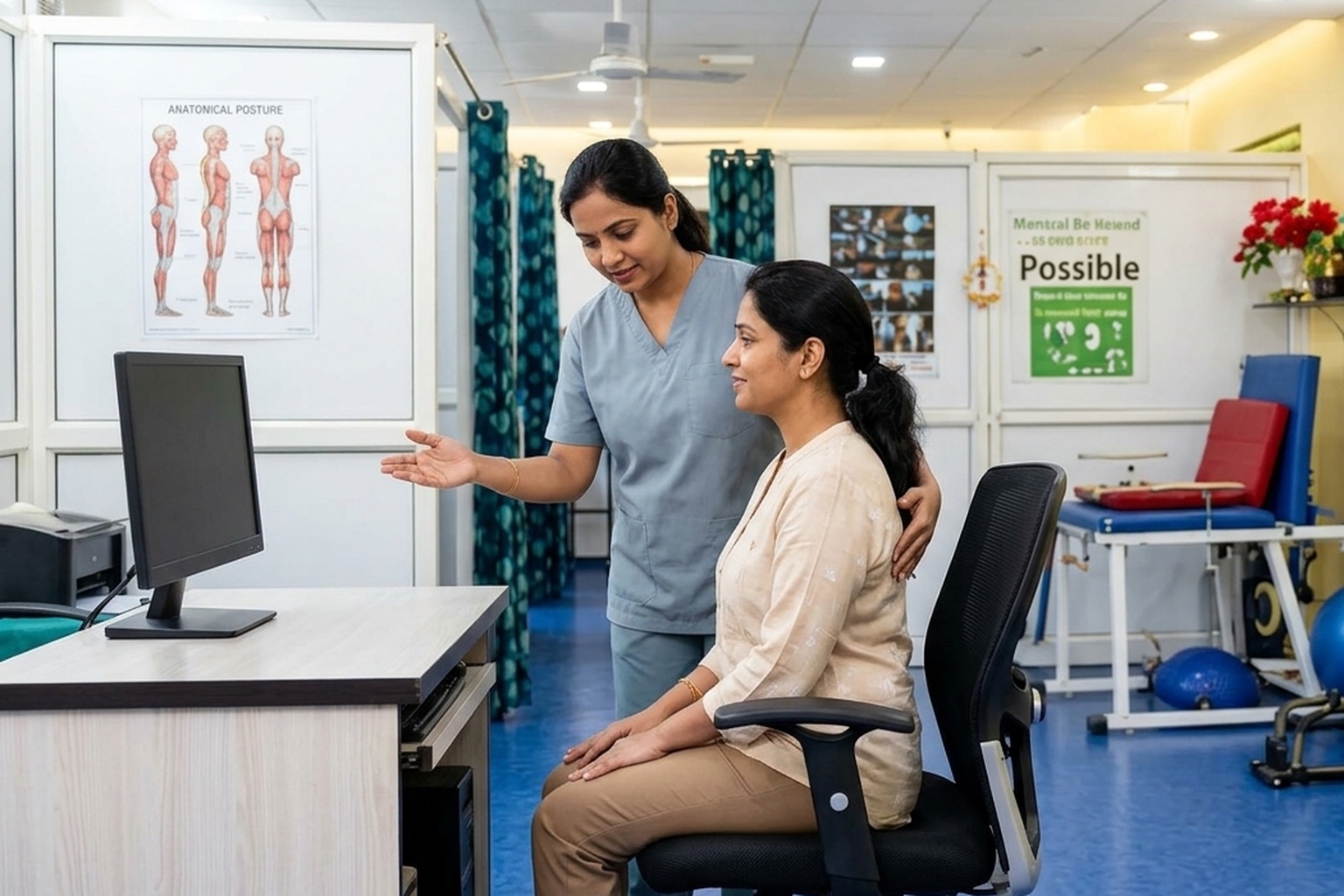 Physiotherapist demonstrating ergonomic desk setup, monitor distance, and upright posture